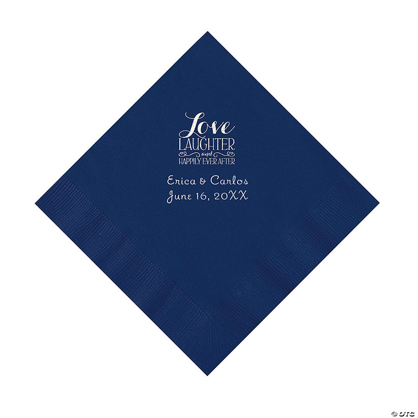 Navy Love Laughter & Happily Ever After Personalized Napkins with Silver Foil - Luncheon Image Thumbnail