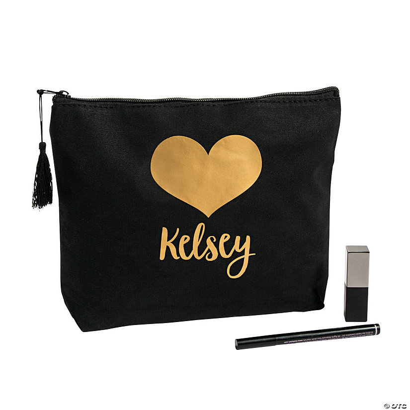 Personalized Black with Gold Heart Cotton Makeup Bag Image Thumbnail
