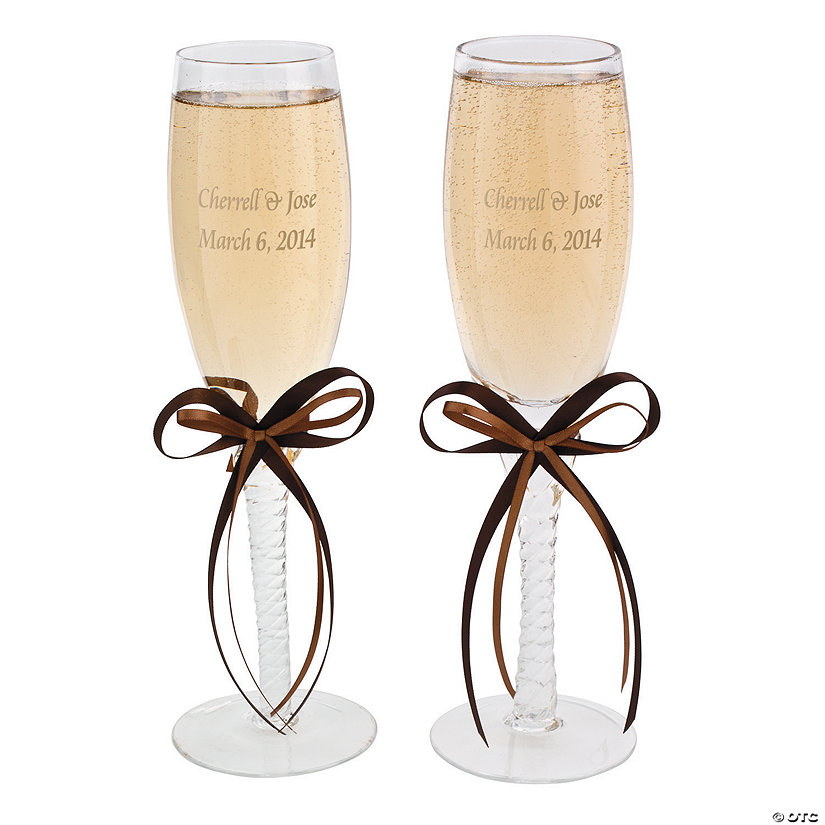Personalized Champagne Flutes with Brown Bows Image