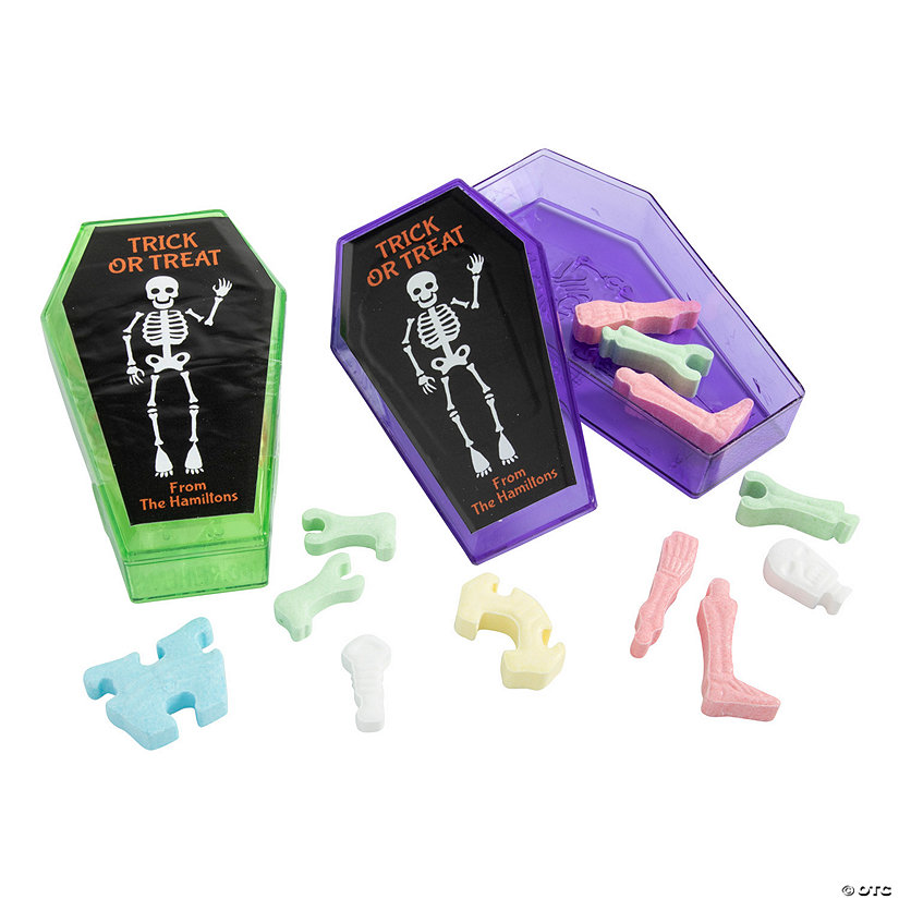Personalized Coffin Containers with Interlocking Skeleton Bone Candies &#8211; 12 Pc. Image