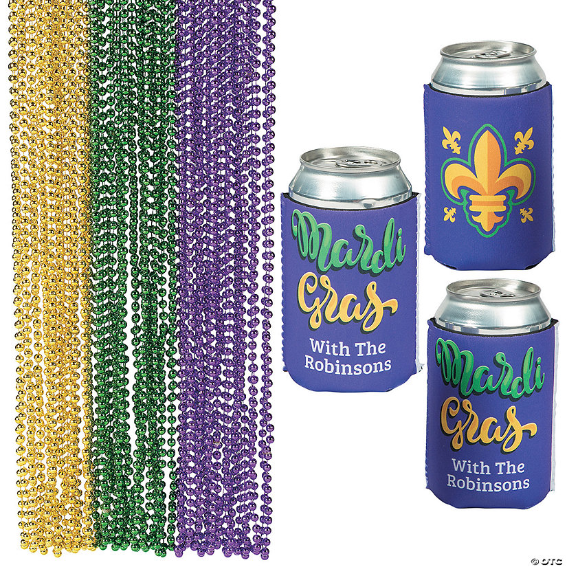 Personalized Mardi Gras Can Coolers with Beads Kit for 12 Image Thumbnail