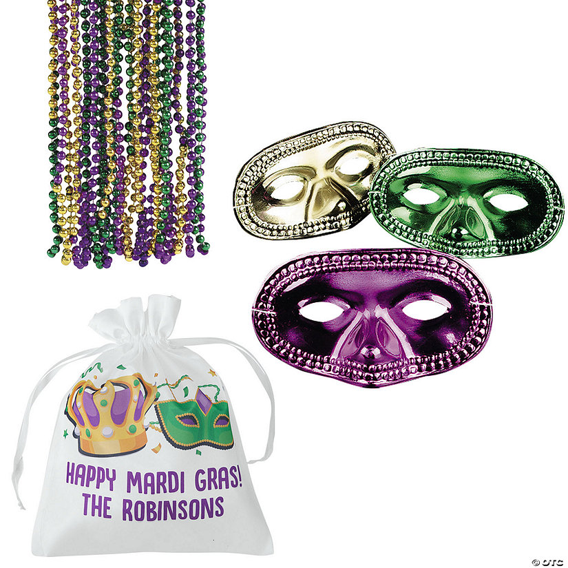 Personalized Mardi Gras Mask & Bead Party Favor Kit for 24 Image
