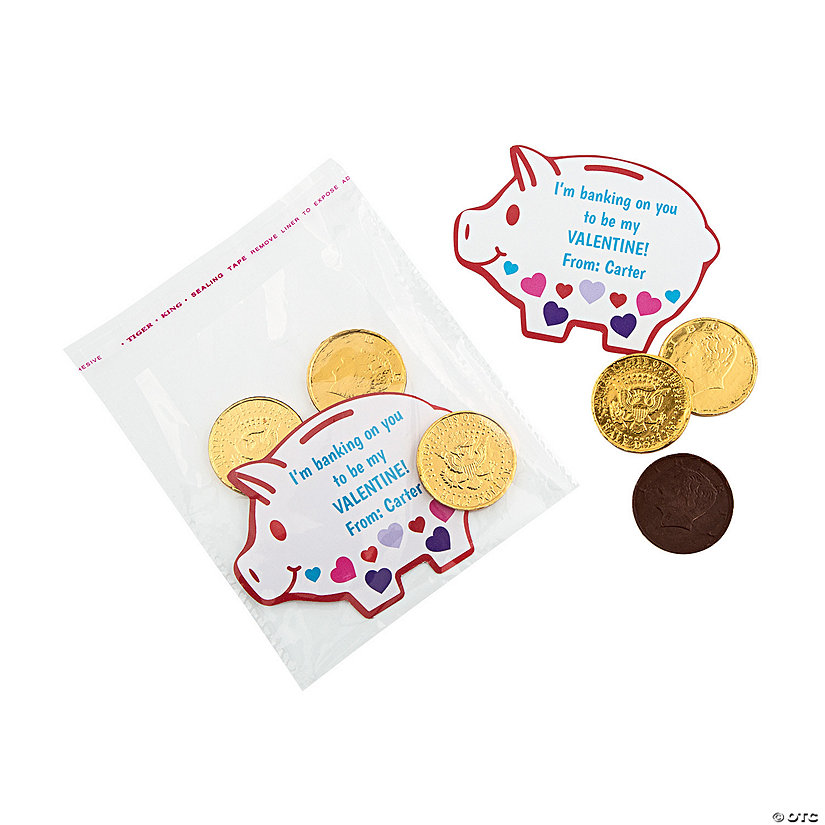 Personalized Piggy Bank Sticker & Chocolate Coin Valentine Exchanges for 24 Image Thumbnail