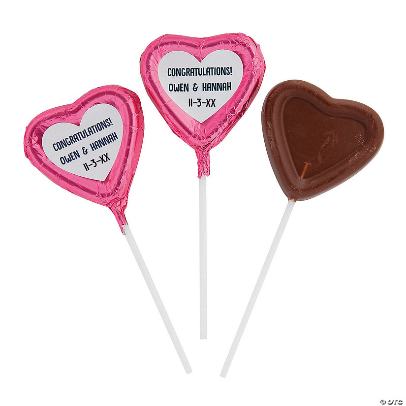 Personalized Pink Foil-Wrapped Chocolate Heart Lollipops - 12 Pc. Image Thumbnail