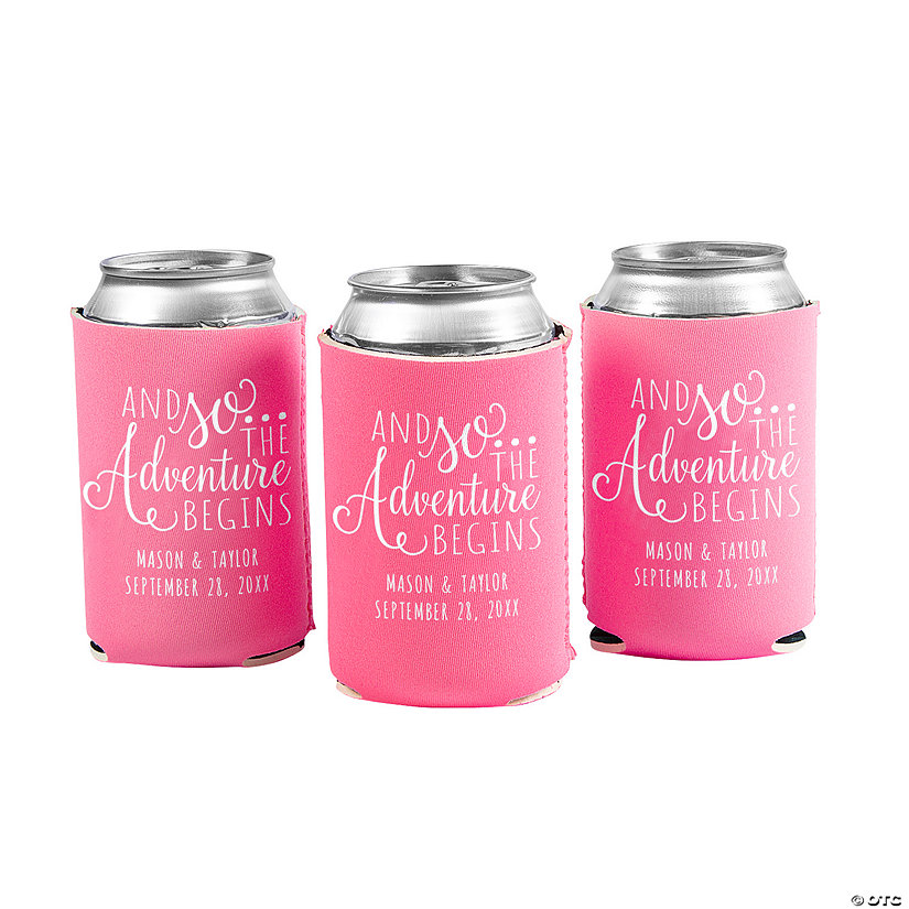 Personalized Premium Pink Adventure Begins Wedding Can Coolers - 48 Pc. Image Thumbnail