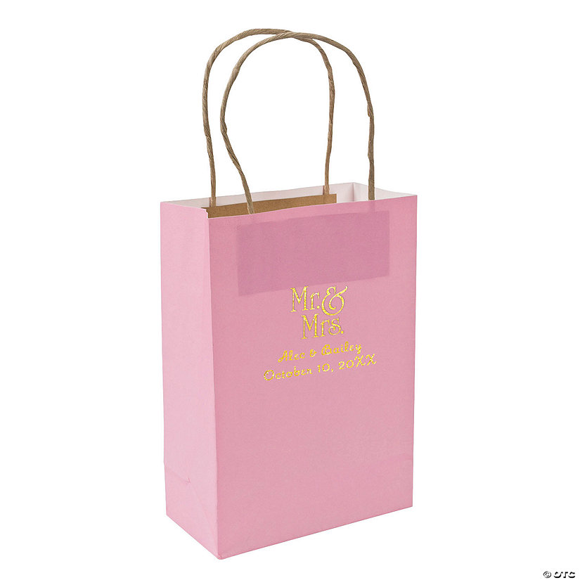 Pink Medium Mr. & Mrs. Personalized Kraft Paper Gift Bags with Gold Foil - 12 Pc. Image Thumbnail