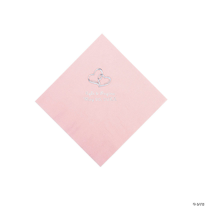 Pink Two Hearts Personalized Napkins with Silver Foil - Beverage Image