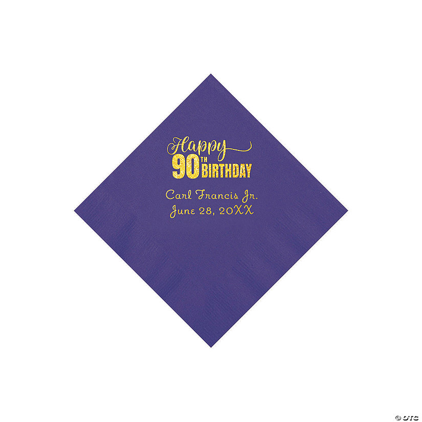Purple 90th Birthday Personalized Napkins with Gold Foil - 50 Pc. Beverage Image Thumbnail