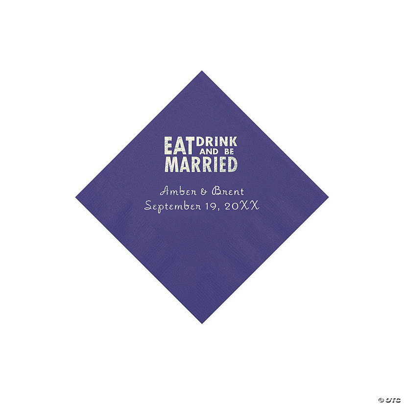 Purple Eat, Drink And Be Married Napkins with Silver Foil - 50 Pc. Beverage Image