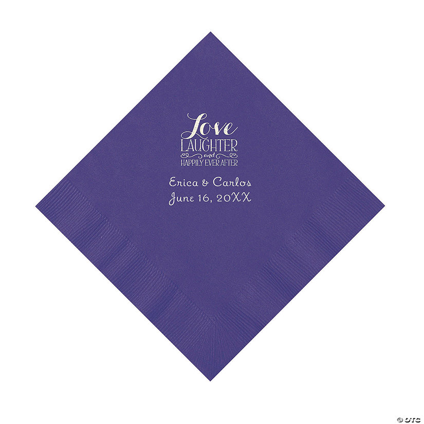 Purple Love Laughter & Happily Ever After Personalized Napkins with Silver Foil &#8211; Luncheon Image Thumbnail