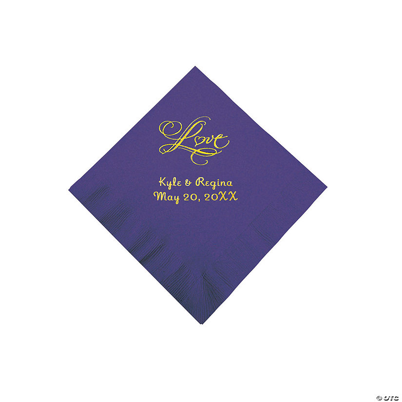 Purple &#8220;Love&#8221; Personalized Napkins with Gold Foil - Beverage Image