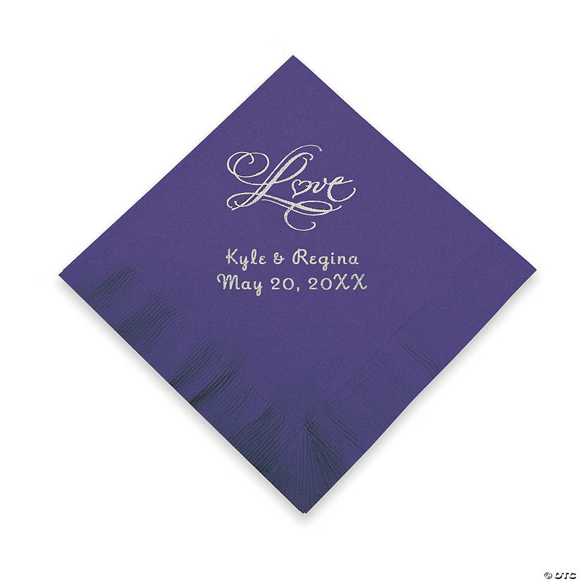 Purple &#8220;Love&#8221; Personalized Napkins with Silver Foil - Beverage Image Thumbnail