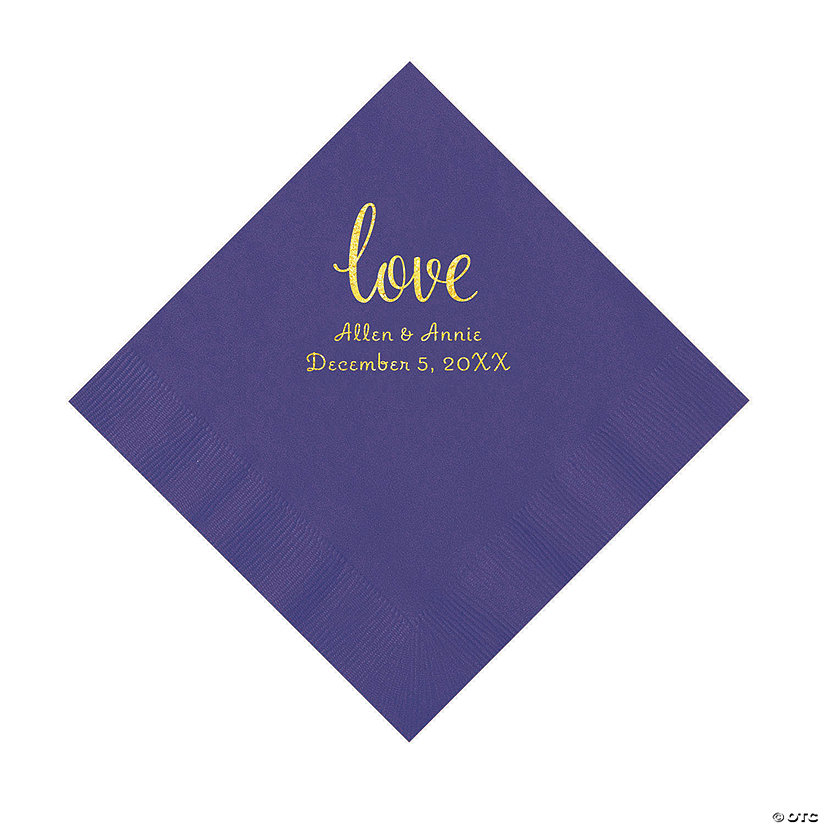 Purple Love Script Personalized Napkins with Gold Foil - Luncheon Image Thumbnail