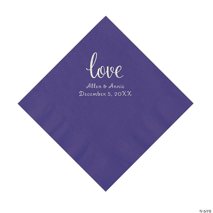 Purple Love Script Personalized Napkins with Silver Foil - Luncheon Image Thumbnail