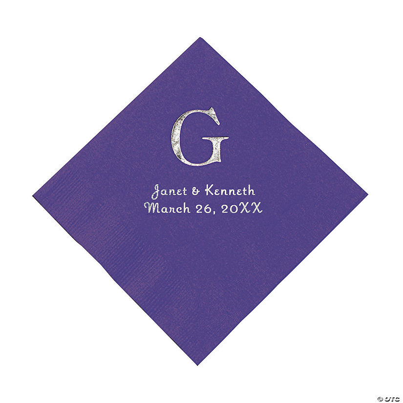 Purple Monogram Wedding Personalized Napkins with Silver Foil - Luncheon Image