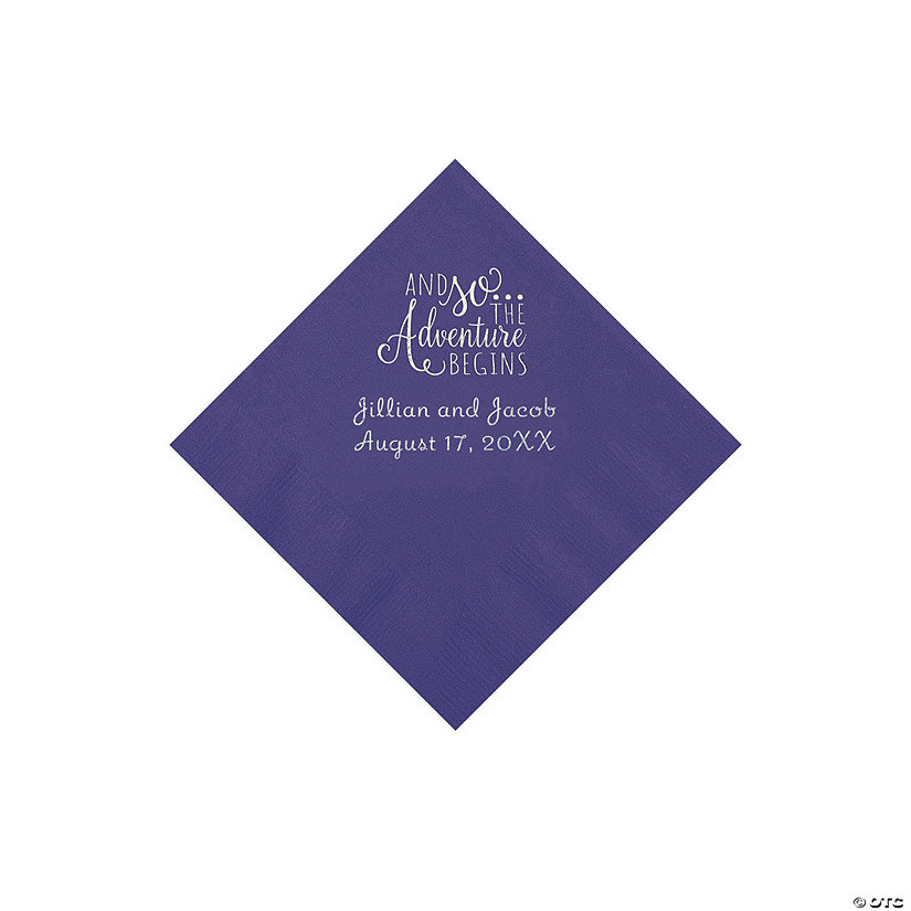 Purple The Adventure Begins Personalized Napkins with Silver Foil - Beverage Image Thumbnail