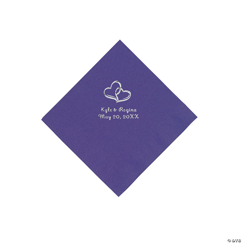 Purple Two Hearts Personalized Napkins with Silver Foil - Beverage Image