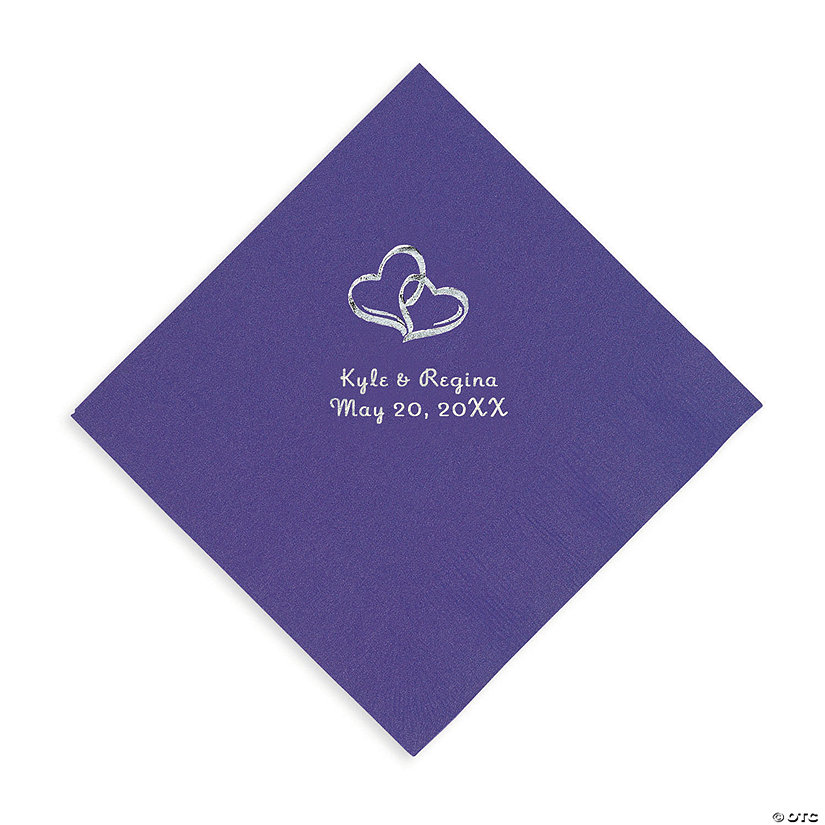 Purple Two Hearts Personalized Napkins with Silver Foil - Luncheon Image Thumbnail