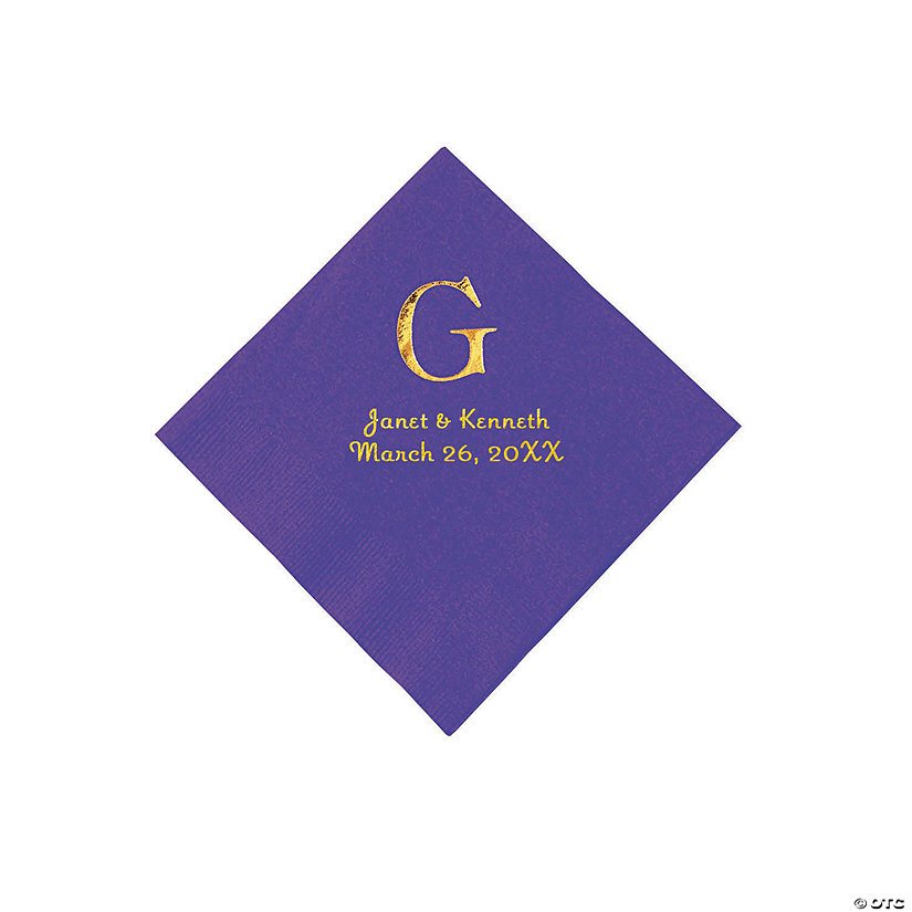 Purple Wedding Monogram Personalized Napkins with Gold Foil - Beverage Image
