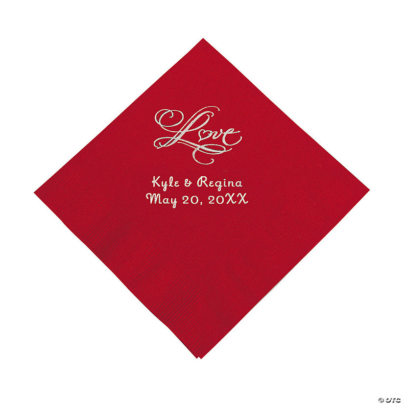 Red &#8220;Love&#8221; Personalized Napkins with Silver Foil - Beverage Image