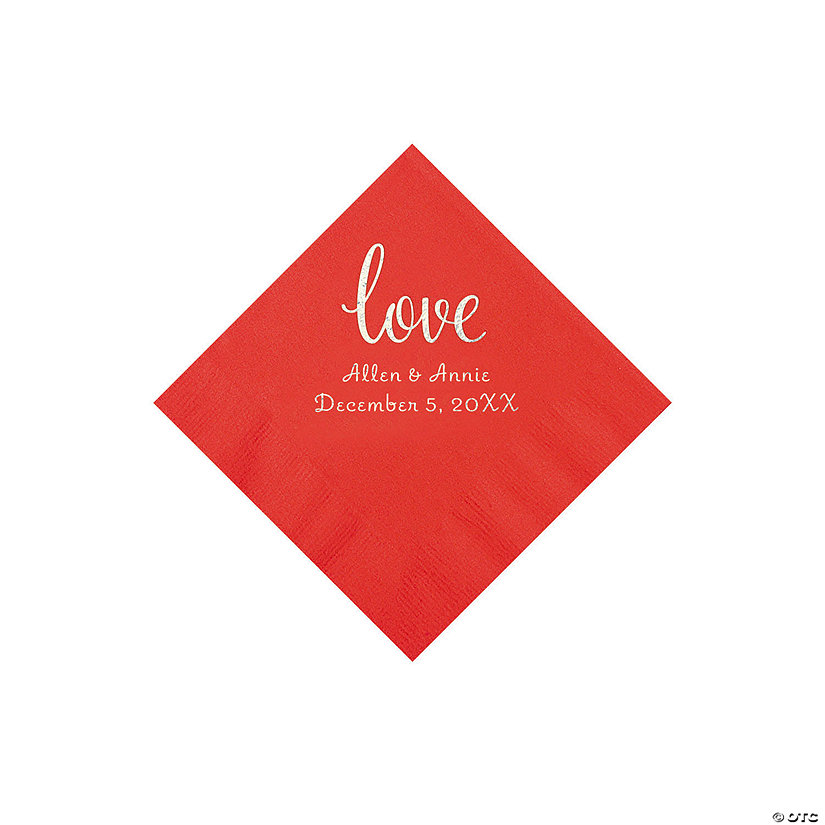 Red Love Script Personalized Napkins with Silver Foil - Beverage Image Thumbnail