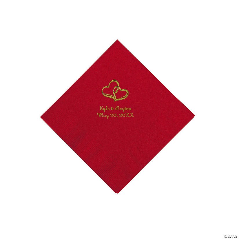Red Two Hearts Personalized Napkins with Gold Foil - Beverage Image