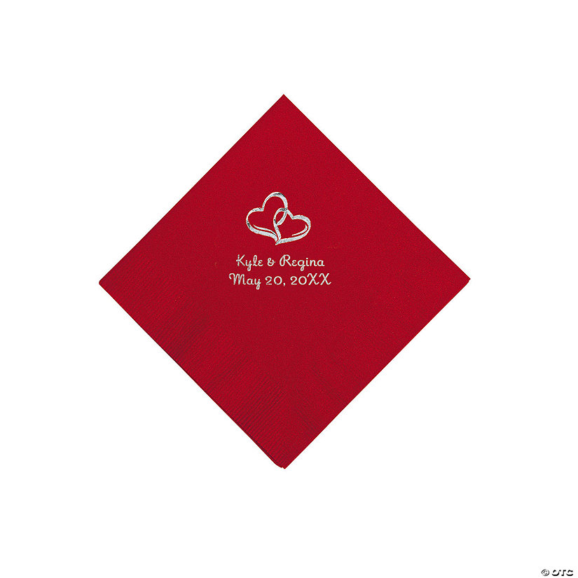 Red Two Hearts Personalized Napkins with Silver Foil - Beverage Image