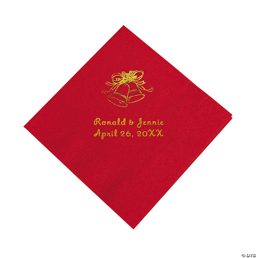 Red Wedding Bells Personalized Napkins with Gold Foil - Beverage Image Thumbnail