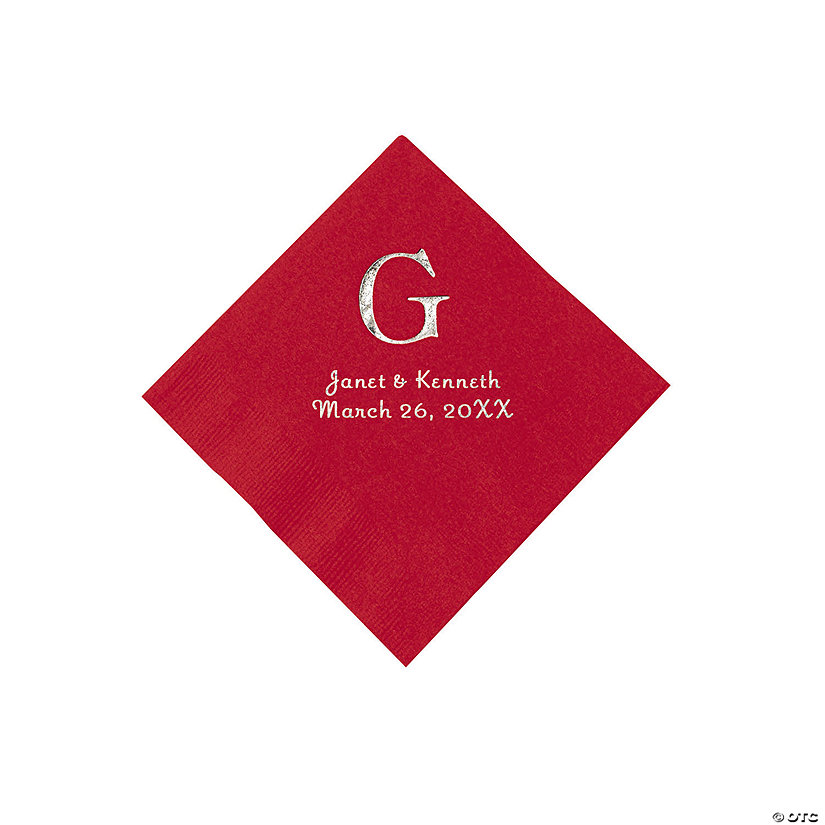 Red Wedding Monogram Personalized Napkins with Silver Foil - Beverage Image