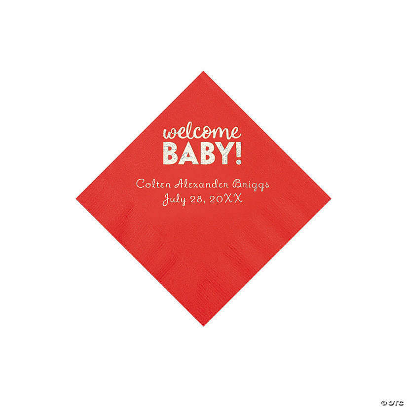 Red Welcome Baby Personalized Napkins with Silver Foil - 50 Pc. Beverage Image Thumbnail
