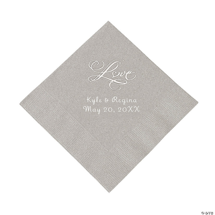 Silver &#8220;Love&#8221; Personalized Napkins with Silver Foil - Beverage Image