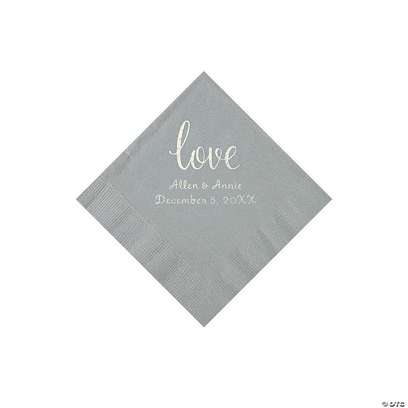 Silver Love Script Personalized Napkins with Silver Foil - Beverage Image Thumbnail