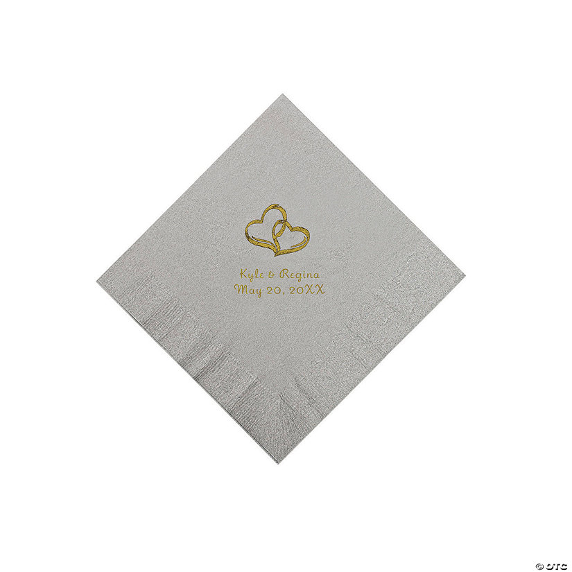 Silver Two Hearts Personalized Napkins with Gold Foil - Beverage Image