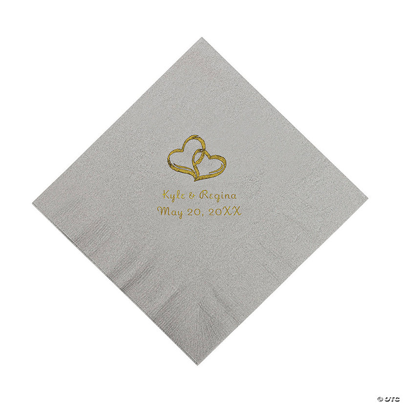 Silver Two Hearts Personalized Napkins with Gold Foil - Luncheon Image