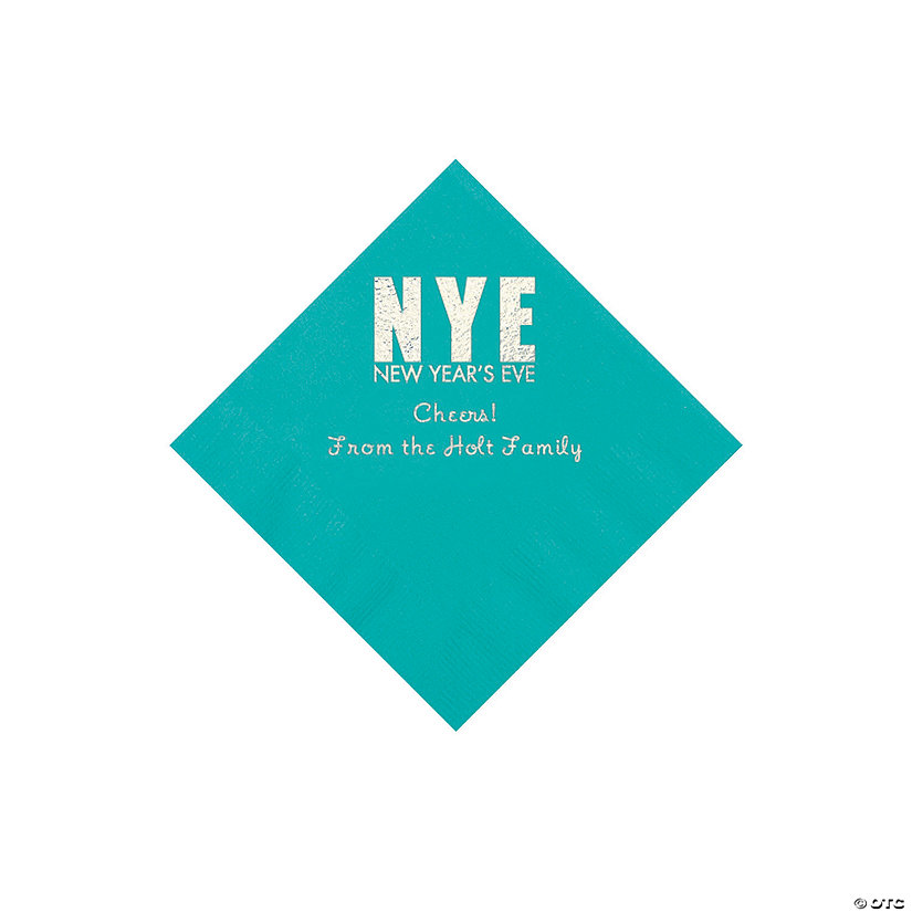 Teal New Year&#8217;s Eve Personalized Napkins with Silver Foil - Beverage Image Thumbnail