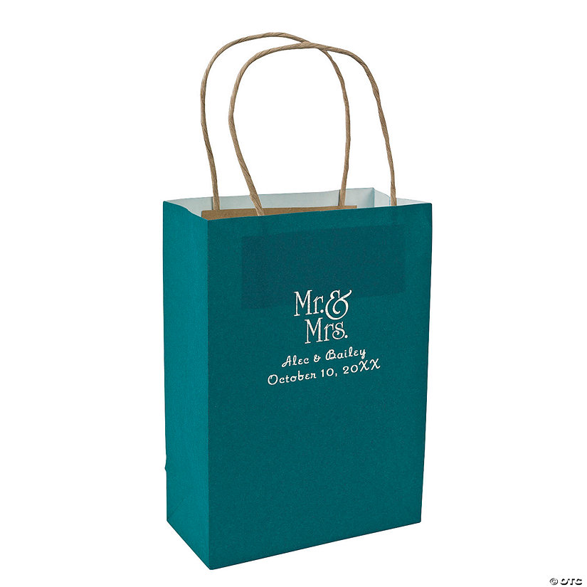 Turquoise Medium Mr. & Mrs. Personalized Kraft Paper Gift Bags with Silver Foil - 12 Pc. Image Thumbnail