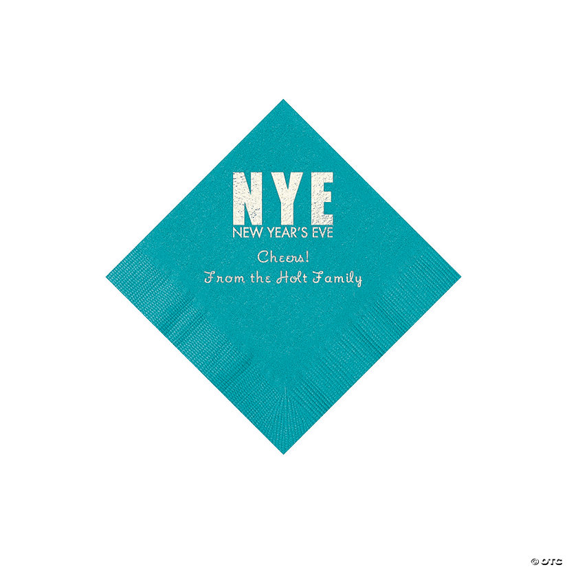 Turquoise New Year&#8217;s Eve Personalized Napkins with Silver Foil - Beverage Image Thumbnail