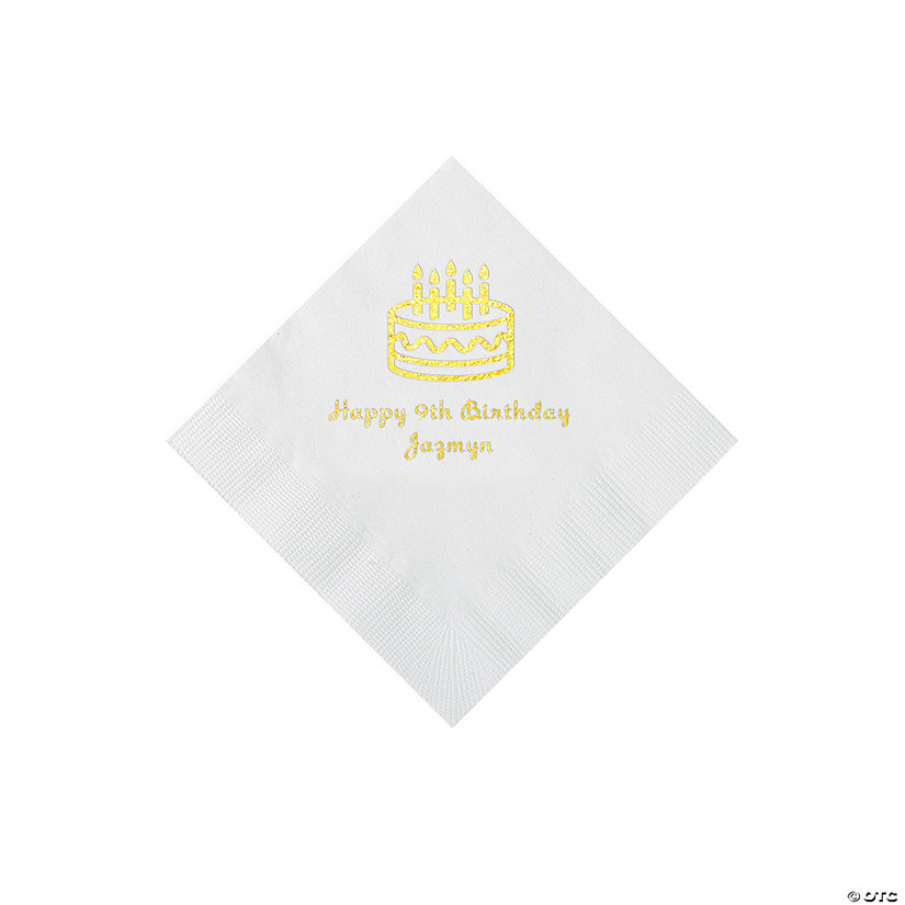 White Birthday Cake Personalized Napkins with Gold Foil - 50 Pc. Beverage Image