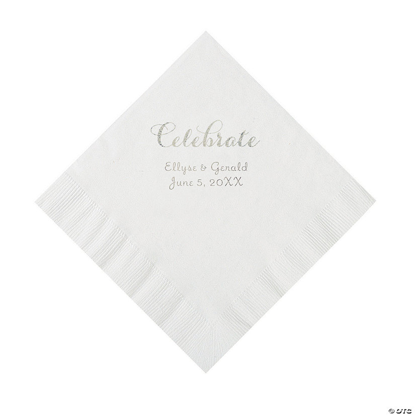 White Celebrate Personalized Napkins with Silver Foil - Luncheon Image Thumbnail