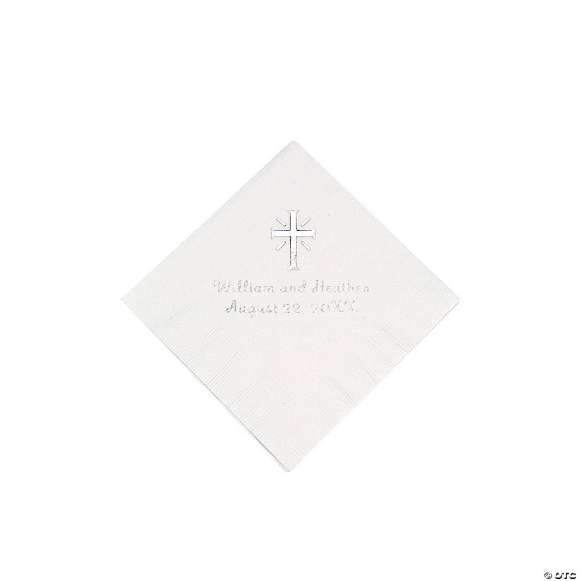 White Cross Personalized Napkins with Silver Foil - 50 Pc. Beverage Image
