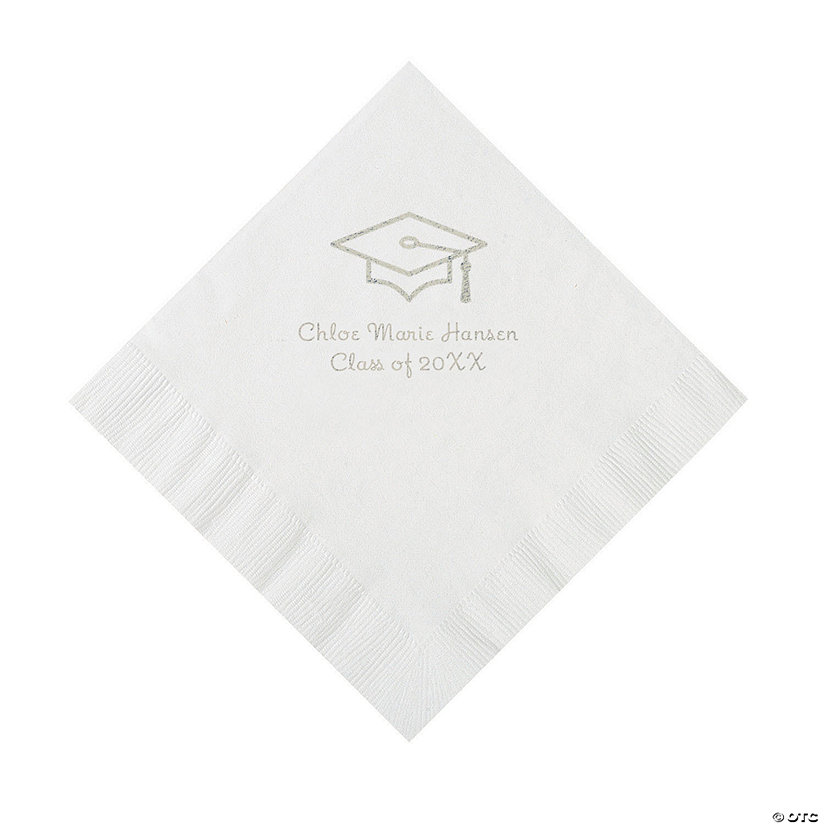 White Grad Mortarboard Personalized Napkins with Silver Foil - 50 Pc. Luncheon Image Thumbnail