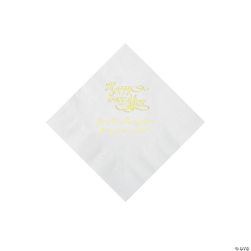 White Happy Ever After Personalized Napkins with Gold Foil - Beverage Image Thumbnail