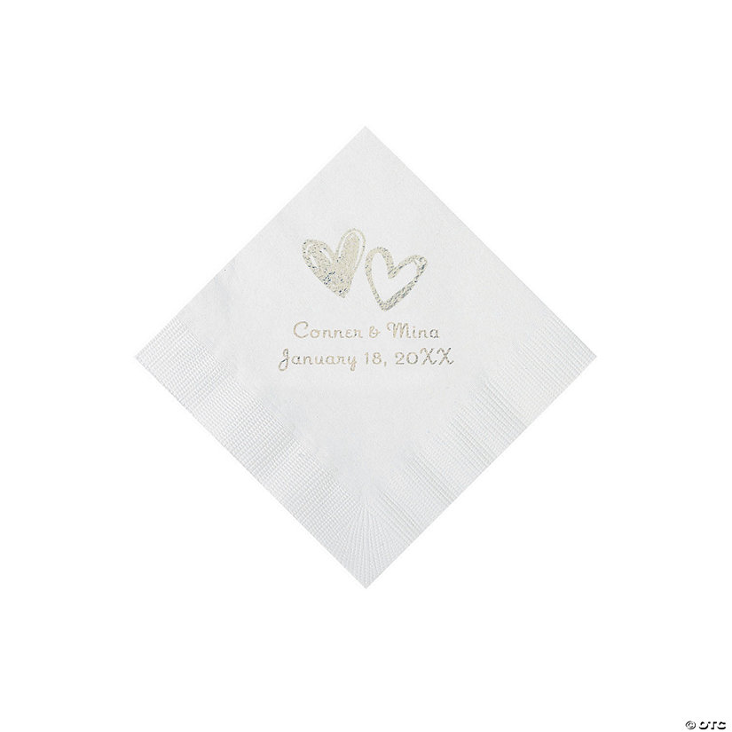 White Hearts Personalized Napkins with Silver Foil - Beverage Image Thumbnail
