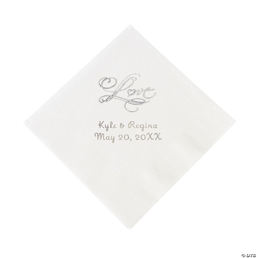 White &#8220;Love&#8221; Personalized Napkins with Silver Foil - Beverage Image