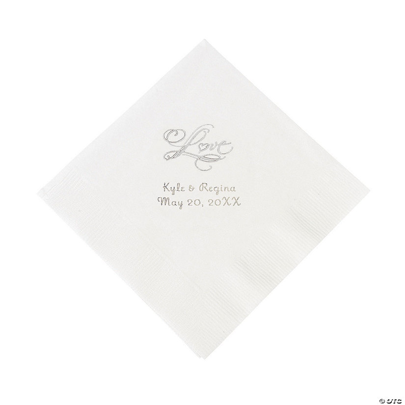 White &#8220;Love&#8221; Personalized Napkins with Silver Foil - Luncheon Image