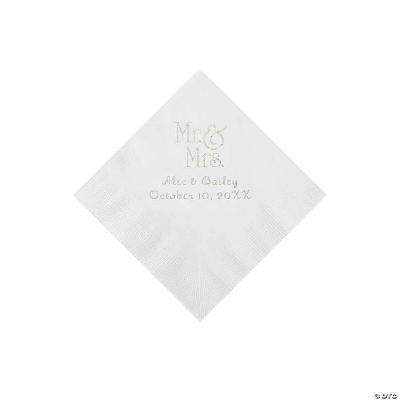 White Mr. & Mrs. Personalized Napkins with Silver Foil - 50 Pc. Beverage Image