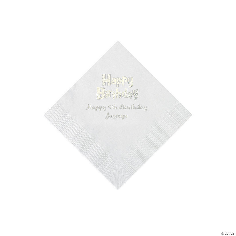 White Personalized Birthday Napkins with Silver Foil - 50 Pc. Beverage Image Thumbnail