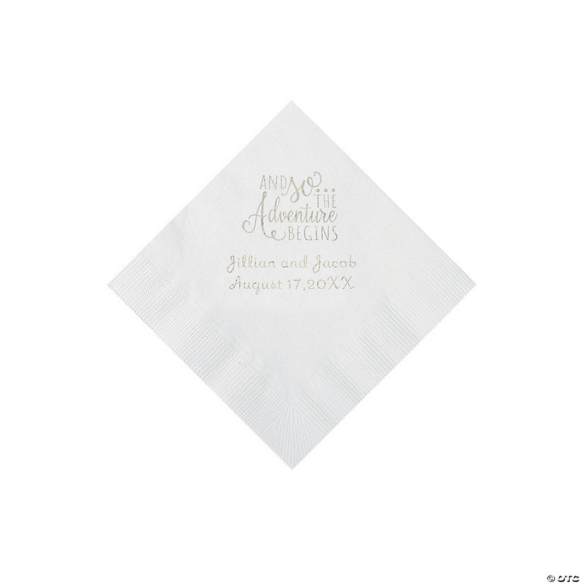 White The Adventure Begins Personalized Napkins with Silver Foil - Beverage Image Thumbnail