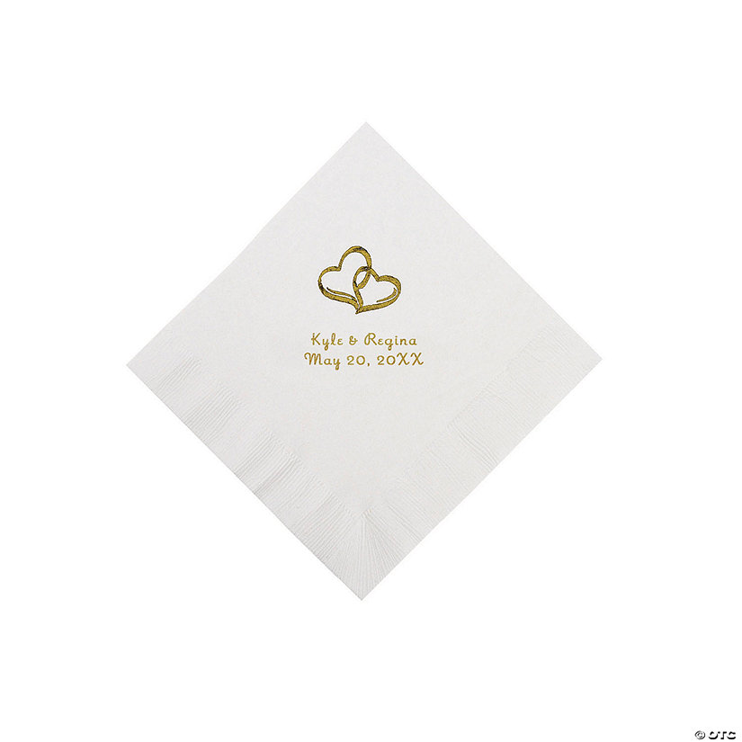 White Two Hearts Personalized Napkins with Gold Foil - Beverage Image