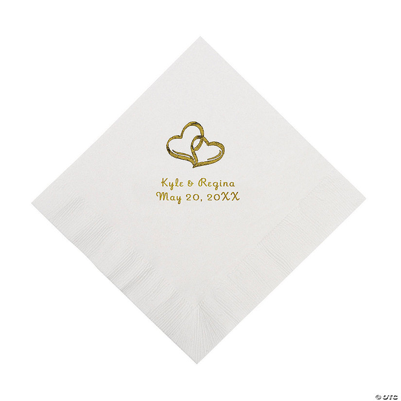 White Two Hearts Personalized Napkins with Gold Foil - Luncheon Image